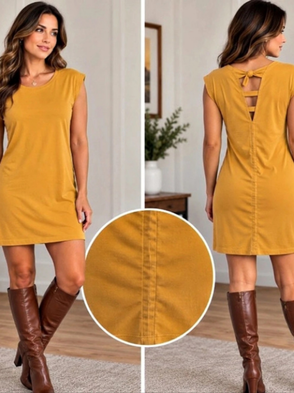Sigrid Olsen Mustard Shift Dress S Ladder Back Knot Casual Contemporary